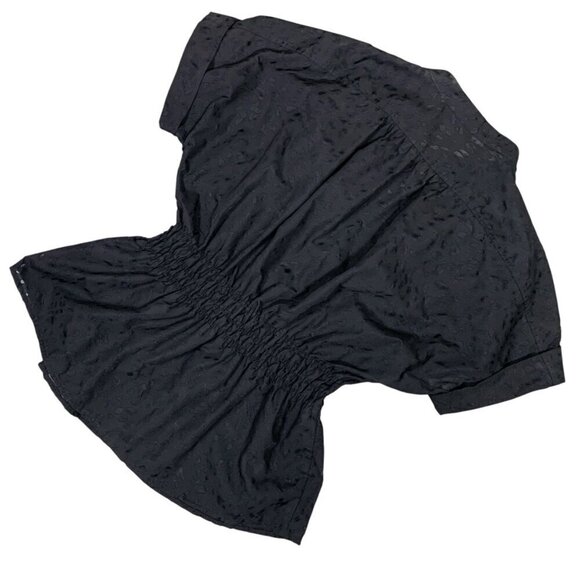 Attention Button Front Short Sleeve Cinch Waist Top Sz S/M Black Semi Sheer 333K - Picture 10 of 11